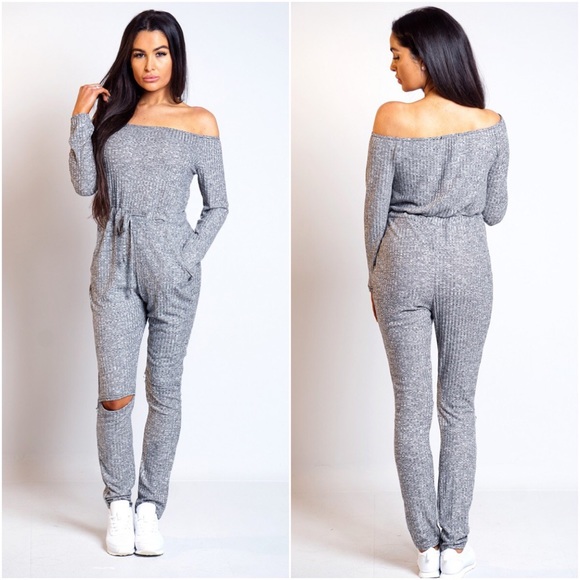 🆕Molly Ribbed Bardot Jumpsuit in Gray - Picture 4 of 6